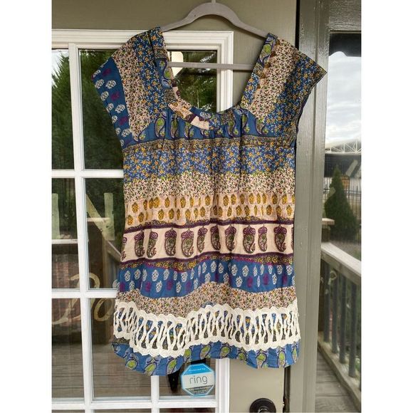Anthropologie Entro Bohemian Multicolor Tunic Blouse Square Neck, Sz Medium - Picture 1 of 8